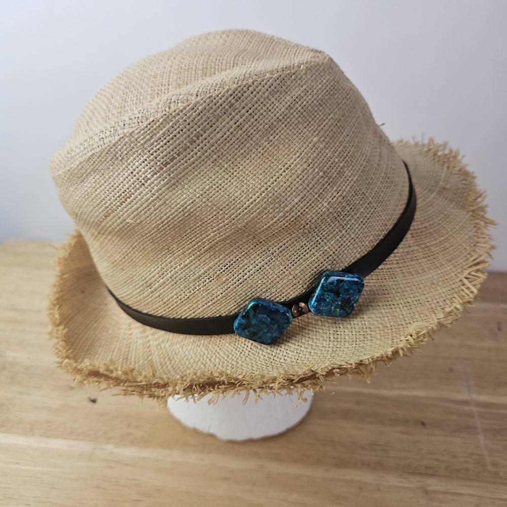 Scala Pronto Womens straw fedora hat Blue Turquoise Stone detail